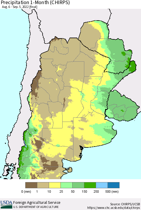 Southern South America Precipitation 1-Month (CHIRPS) Thematic Map For 8/6/2022 - 9/5/2022