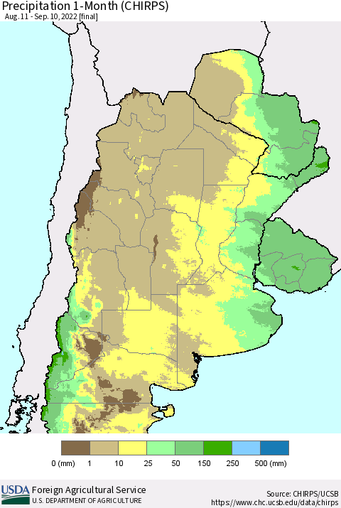 Southern South America Precipitation 1-Month (CHIRPS) Thematic Map For 8/11/2022 - 9/10/2022