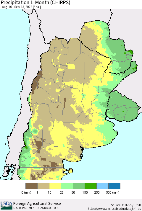 Southern South America Precipitation 1-Month (CHIRPS) Thematic Map For 8/16/2022 - 9/15/2022