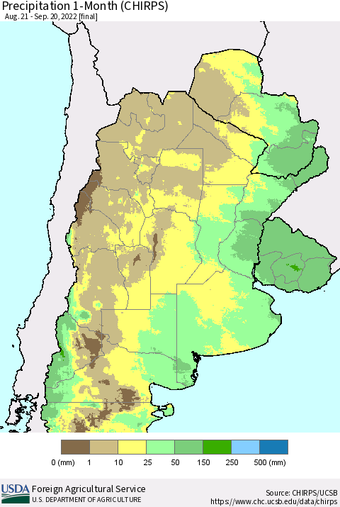Southern South America Precipitation 1-Month (CHIRPS) Thematic Map For 8/21/2022 - 9/20/2022