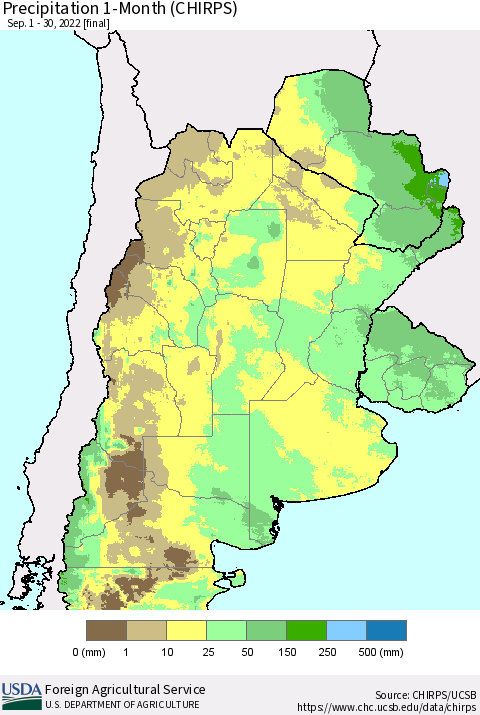 Southern South America Precipitation 1-Month (CHIRPS) Thematic Map For 9/1/2022 - 9/30/2022