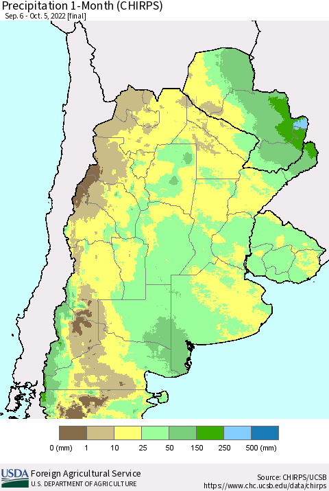 Southern South America Precipitation 1-Month (CHIRPS) Thematic Map For 9/6/2022 - 10/5/2022