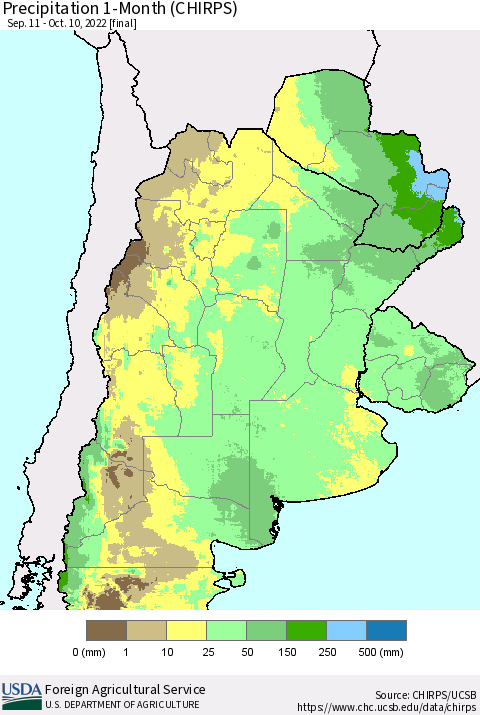 Southern South America Precipitation 1-Month (CHIRPS) Thematic Map For 9/11/2022 - 10/10/2022