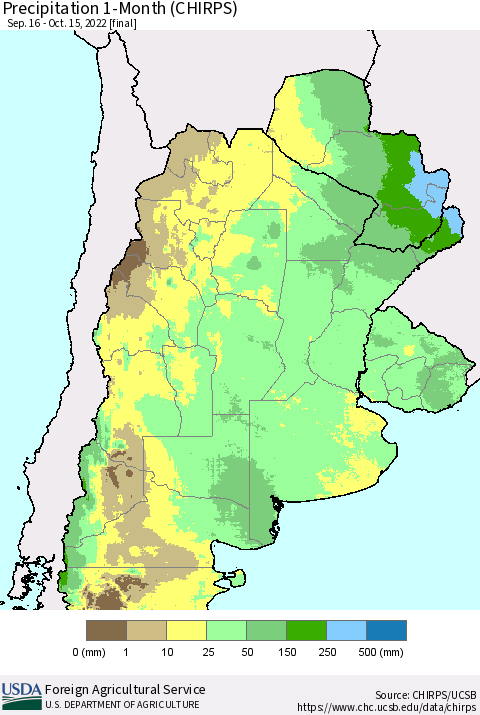 Southern South America Precipitation 1-Month (CHIRPS) Thematic Map For 9/16/2022 - 10/15/2022