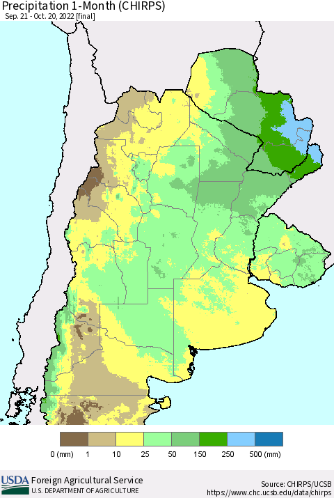 Southern South America Precipitation 1-Month (CHIRPS) Thematic Map For 9/21/2022 - 10/20/2022