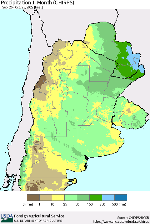 Southern South America Precipitation 1-Month (CHIRPS) Thematic Map For 9/26/2022 - 10/25/2022
