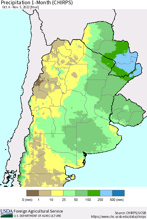 Southern South America Precipitation 1-Month (CHIRPS) Thematic Map For 10/6/2022 - 11/5/2022