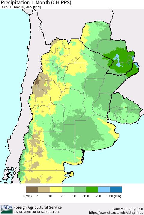Southern South America Precipitation 1-Month (CHIRPS) Thematic Map For 10/11/2022 - 11/10/2022