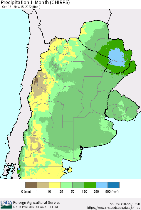 Southern South America Precipitation 1-Month (CHIRPS) Thematic Map For 10/16/2022 - 11/15/2022