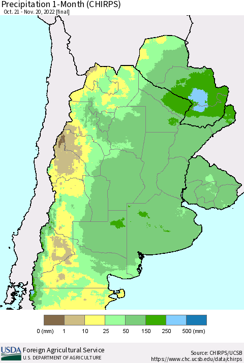 Southern South America Precipitation 1-Month (CHIRPS) Thematic Map For 10/21/2022 - 11/20/2022
