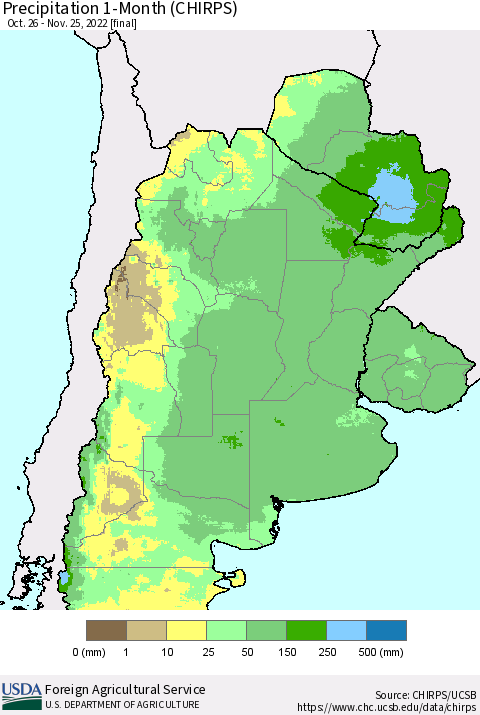 Southern South America Precipitation 1-Month (CHIRPS) Thematic Map For 10/26/2022 - 11/25/2022