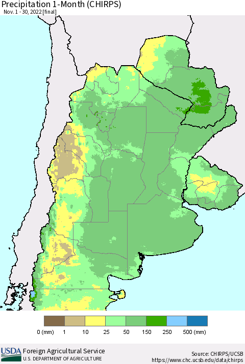 Southern South America Precipitation 1-Month (CHIRPS) Thematic Map For 11/1/2022 - 11/30/2022