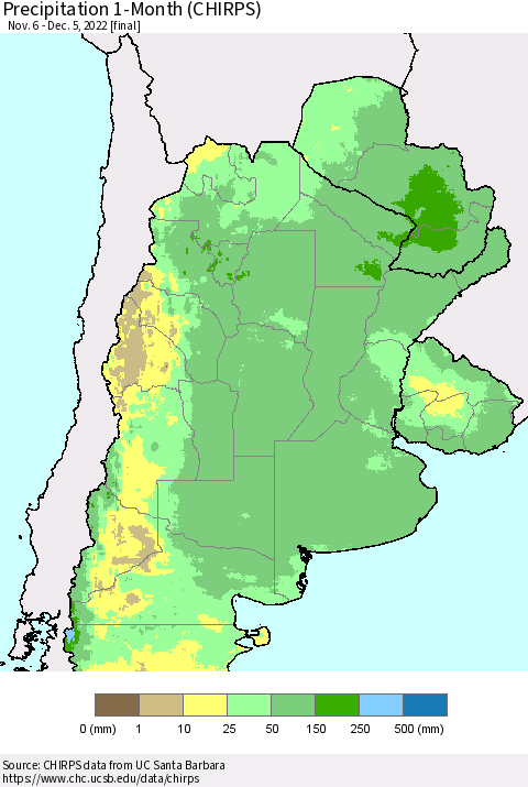 Southern South America Precipitation 1-Month (CHIRPS) Thematic Map For 11/6/2022 - 12/5/2022