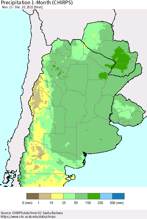 Southern South America Precipitation 1-Month (CHIRPS) Thematic Map For 11/11/2022 - 12/10/2022