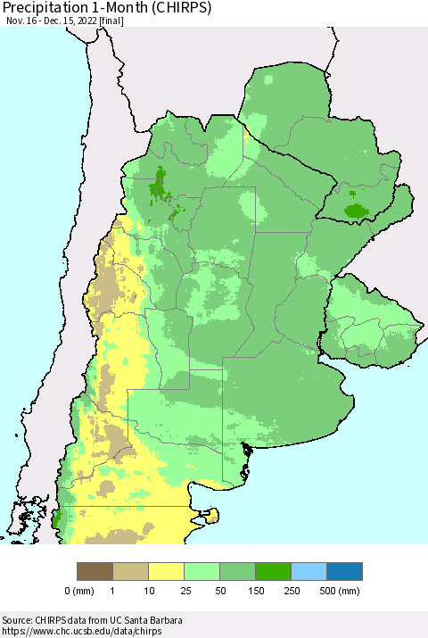 Southern South America Precipitation 1-Month (CHIRPS) Thematic Map For 11/16/2022 - 12/15/2022