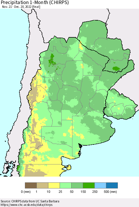 Southern South America Precipitation 1-Month (CHIRPS) Thematic Map For 11/21/2022 - 12/20/2022