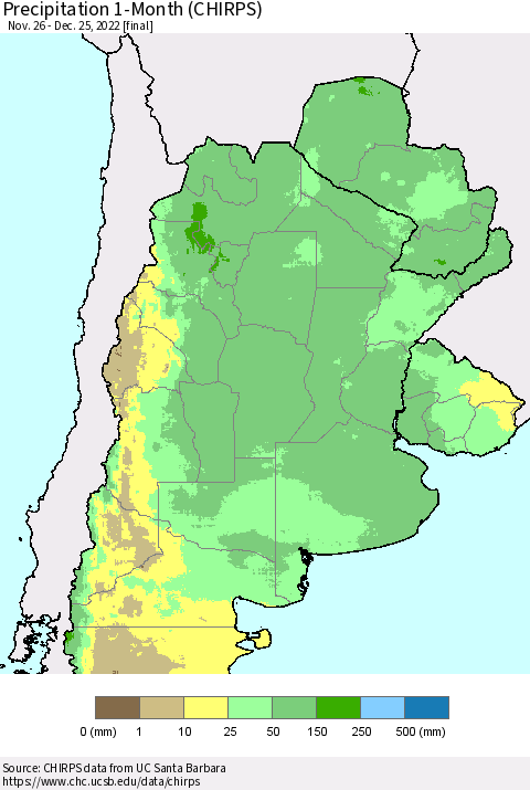 Southern South America Precipitation 1-Month (CHIRPS) Thematic Map For 11/26/2022 - 12/25/2022