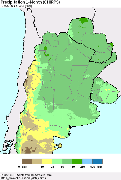 Southern South America Precipitation 1-Month (CHIRPS) Thematic Map For 12/6/2022 - 1/5/2023