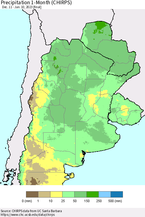 Southern South America Precipitation 1-Month (CHIRPS) Thematic Map For 12/11/2022 - 1/10/2023