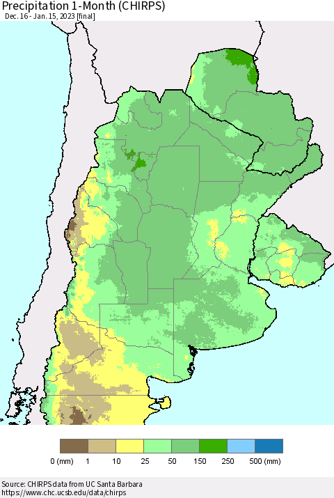 Southern South America Precipitation 1-Month (CHIRPS) Thematic Map For 12/16/2022 - 1/15/2023