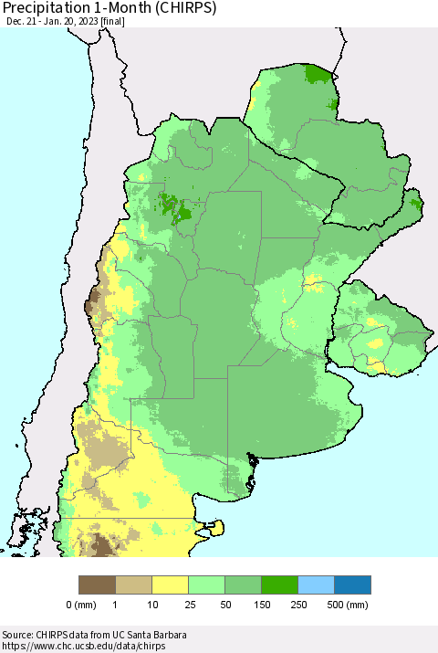 Southern South America Precipitation 1-Month (CHIRPS) Thematic Map For 12/21/2022 - 1/20/2023