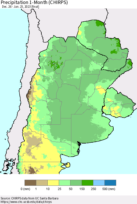 Southern South America Precipitation 1-Month (CHIRPS) Thematic Map For 12/26/2022 - 1/25/2023