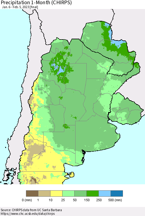 Southern South America Precipitation 1-Month (CHIRPS) Thematic Map For 1/6/2023 - 2/5/2023