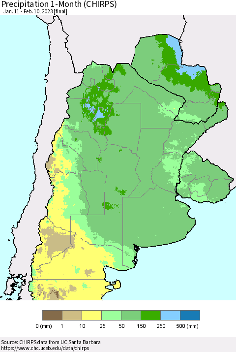 Southern South America Precipitation 1-Month (CHIRPS) Thematic Map For 1/11/2023 - 2/10/2023