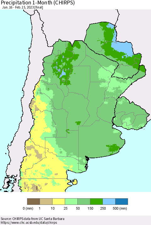 Southern South America Precipitation 1-Month (CHIRPS) Thematic Map For 1/16/2023 - 2/15/2023