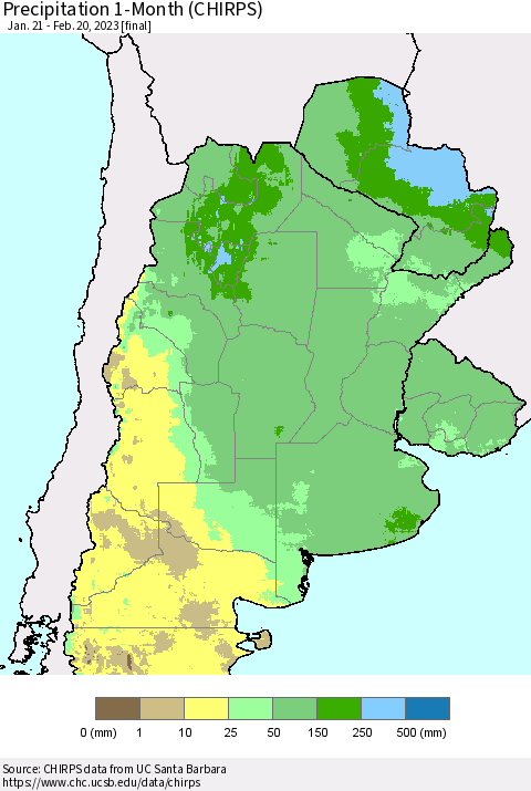 Southern South America Precipitation 1-Month (CHIRPS) Thematic Map For 1/21/2023 - 2/20/2023