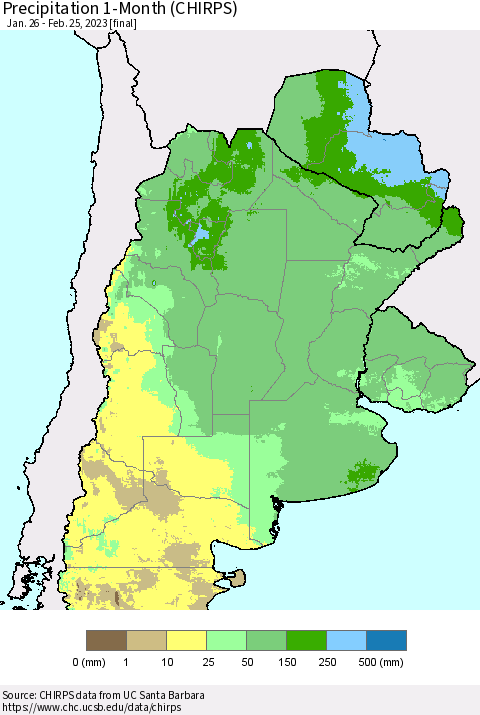 Southern South America Precipitation 1-Month (CHIRPS) Thematic Map For 1/26/2023 - 2/25/2023
