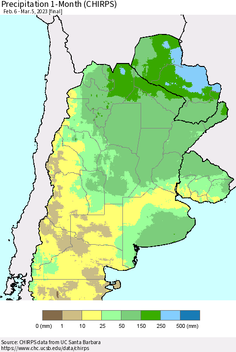 Southern South America Precipitation 1-Month (CHIRPS) Thematic Map For 2/6/2023 - 3/5/2023