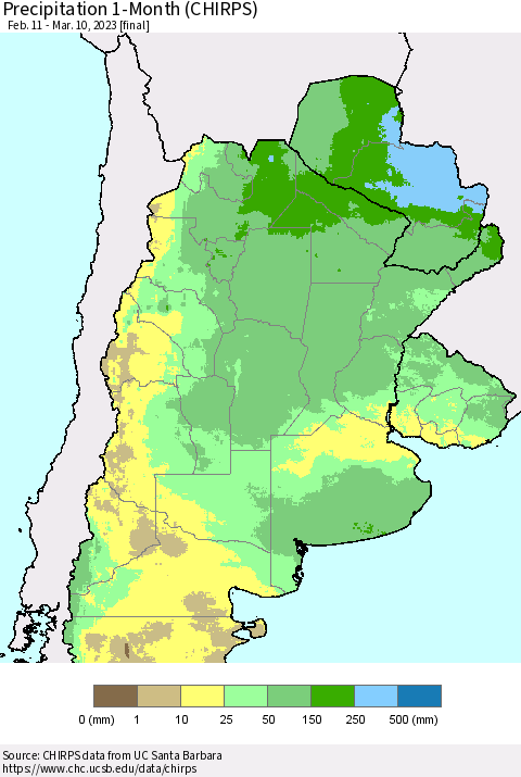 Southern South America Precipitation 1-Month (CHIRPS) Thematic Map For 2/11/2023 - 3/10/2023