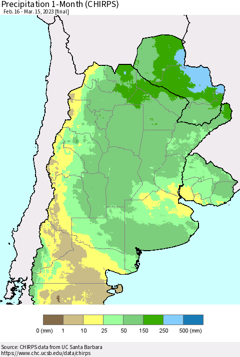Southern South America Precipitation 1-Month (CHIRPS) Thematic Map For 2/16/2023 - 3/15/2023