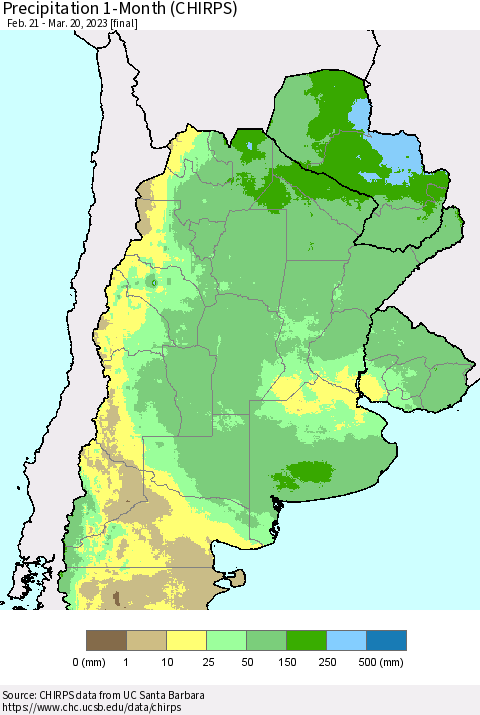 Southern South America Precipitation 1-Month (CHIRPS) Thematic Map For 2/21/2023 - 3/20/2023