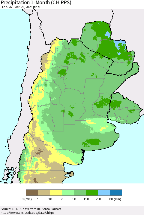 Southern South America Precipitation 1-Month (CHIRPS) Thematic Map For 2/26/2023 - 3/25/2023