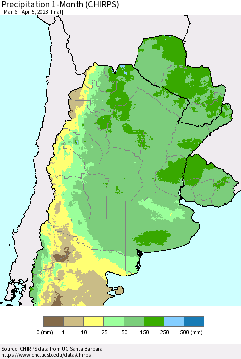 Southern South America Precipitation 1-Month (CHIRPS) Thematic Map For 3/6/2023 - 4/5/2023