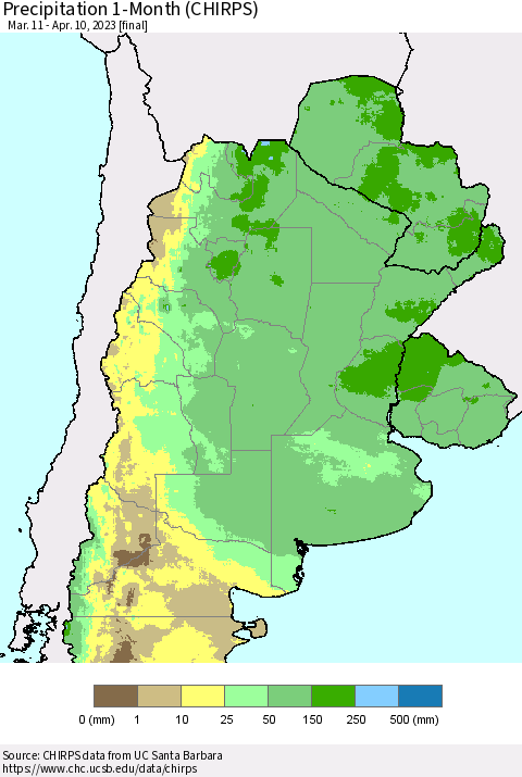 Southern South America Precipitation 1-Month (CHIRPS) Thematic Map For 3/11/2023 - 4/10/2023