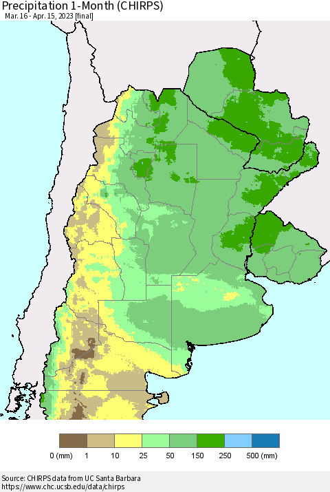 Southern South America Precipitation 1-Month (CHIRPS) Thematic Map For 3/16/2023 - 4/15/2023