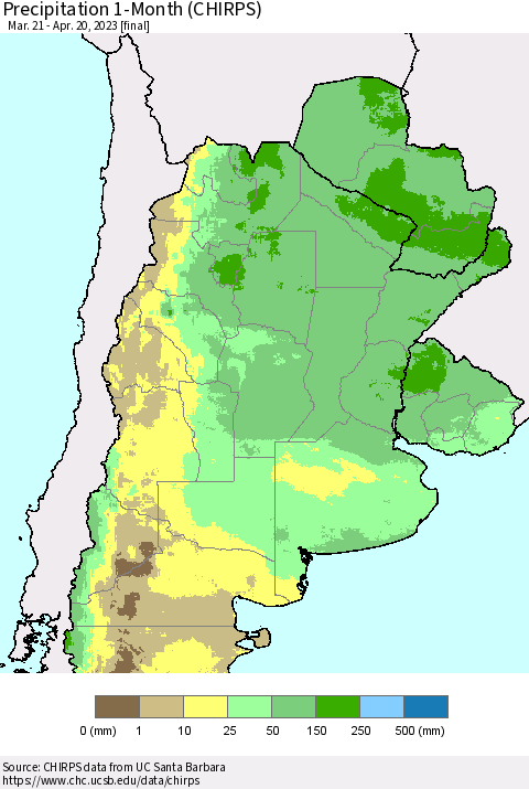 Southern South America Precipitation 1-Month (CHIRPS) Thematic Map For 3/21/2023 - 4/20/2023
