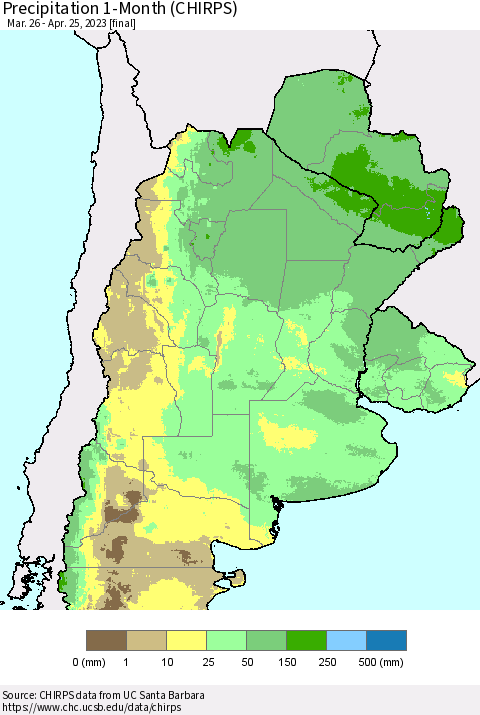 Southern South America Precipitation 1-Month (CHIRPS) Thematic Map For 3/26/2023 - 4/25/2023