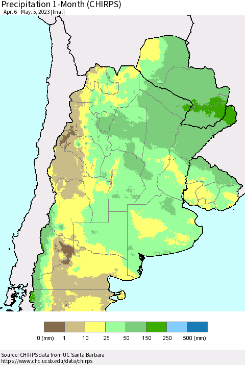 Southern South America Precipitation 1-Month (CHIRPS) Thematic Map For 4/6/2023 - 5/5/2023