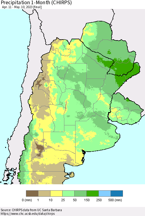 Southern South America Precipitation 1-Month (CHIRPS) Thematic Map For 4/11/2023 - 5/10/2023