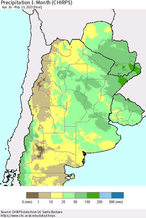 Southern South America Precipitation 1-Month (CHIRPS) Thematic Map For 4/16/2023 - 5/15/2023