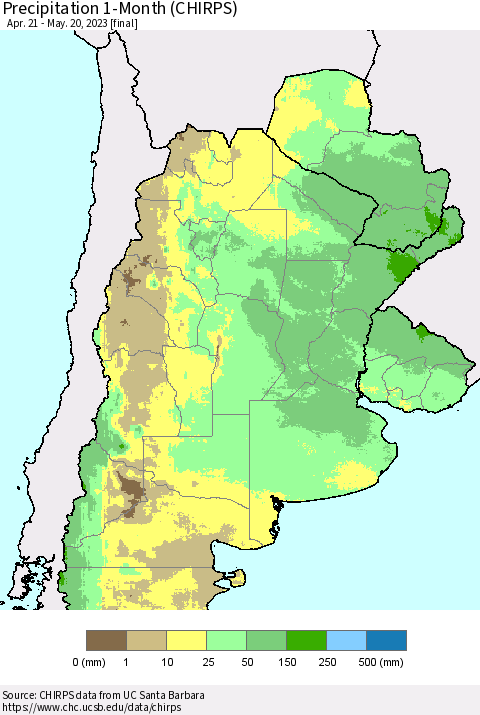 Southern South America Precipitation 1-Month (CHIRPS) Thematic Map For 4/21/2023 - 5/20/2023