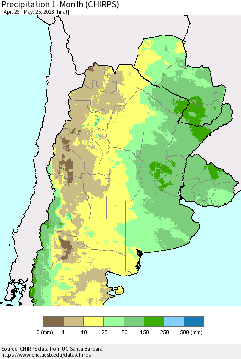 Southern South America Precipitation 1-Month (CHIRPS) Thematic Map For 4/26/2023 - 5/25/2023