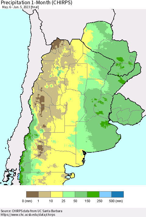 Southern South America Precipitation 1-Month (CHIRPS) Thematic Map For 5/6/2023 - 6/5/2023