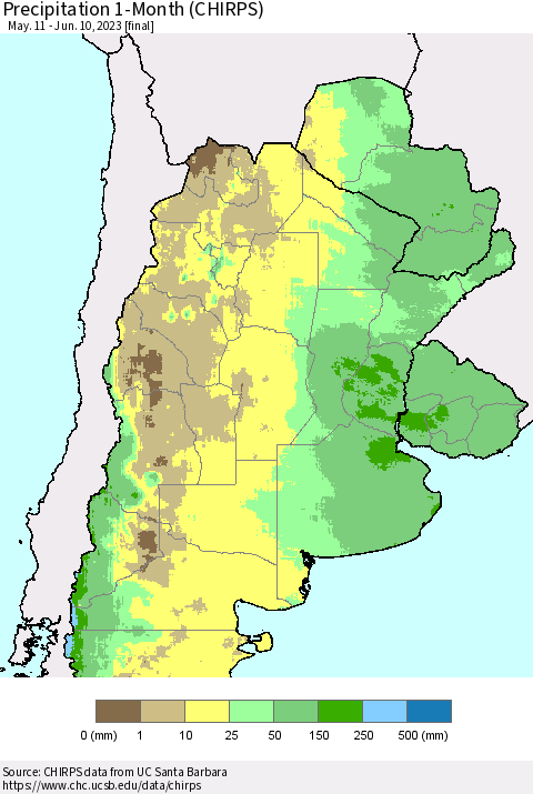 Southern South America Precipitation 1-Month (CHIRPS) Thematic Map For 5/11/2023 - 6/10/2023