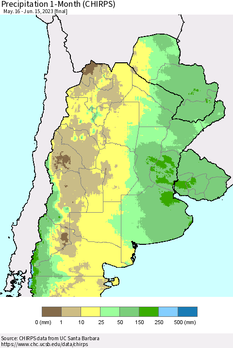 Southern South America Precipitation 1-Month (CHIRPS) Thematic Map For 5/16/2023 - 6/15/2023