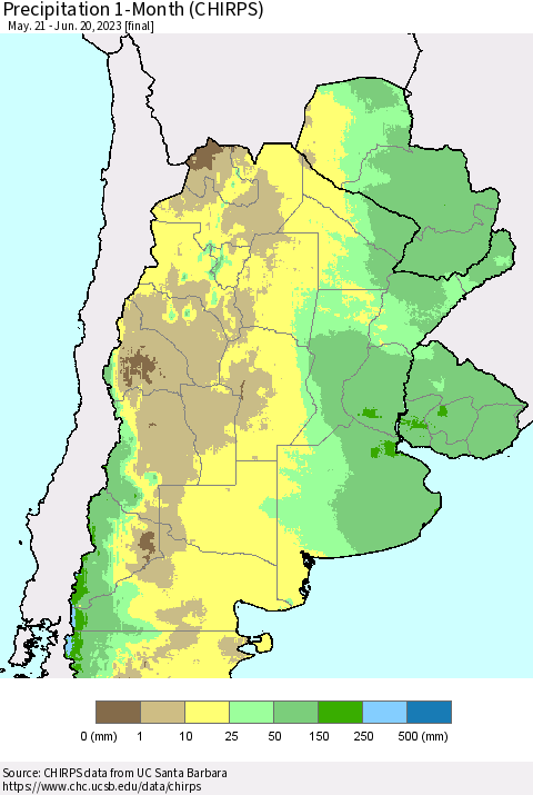 Southern South America Precipitation 1-Month (CHIRPS) Thematic Map For 5/21/2023 - 6/20/2023